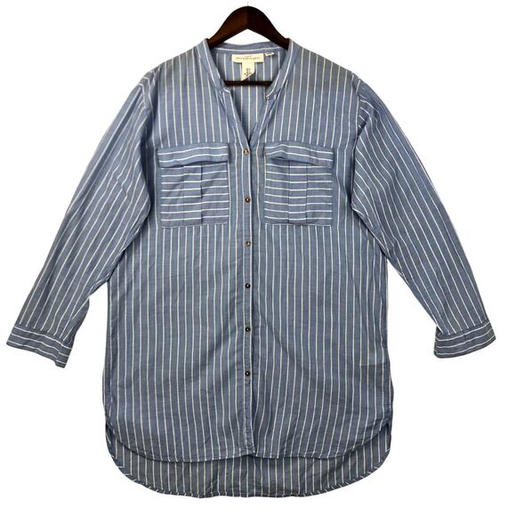 H&M L.O.G.G. Women's Button Down Tunic Shirt US 14 Blue Striped Cotton Flawed - Picture 1 of 14